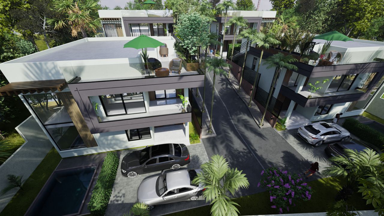 Aerial view of Konkonuru Ridge showing all four units with private pools