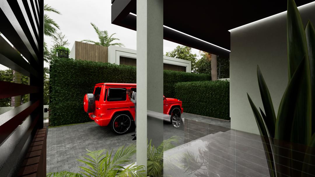 Covered carport with black ceiling and LED strips