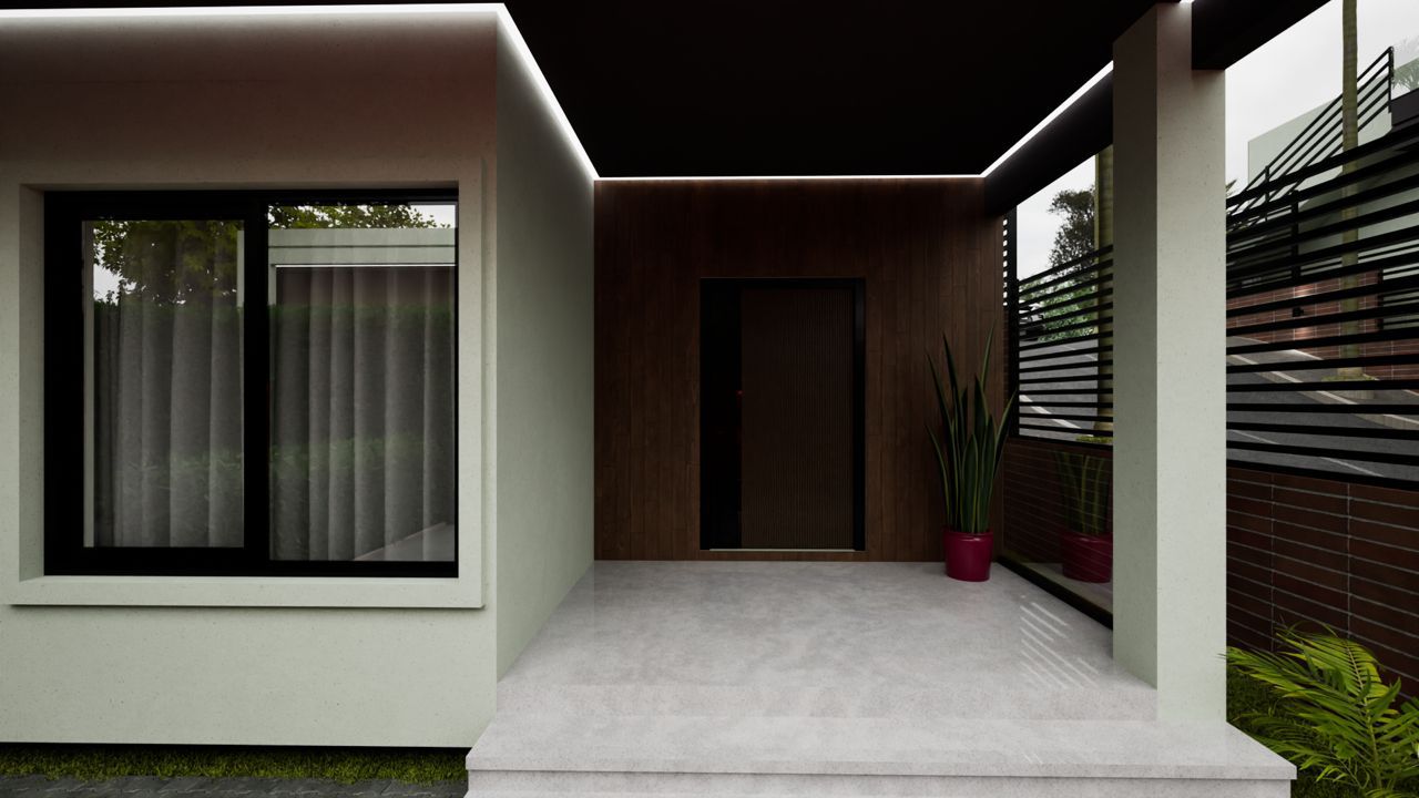 Entry porch with wood door and LED ceiling detail