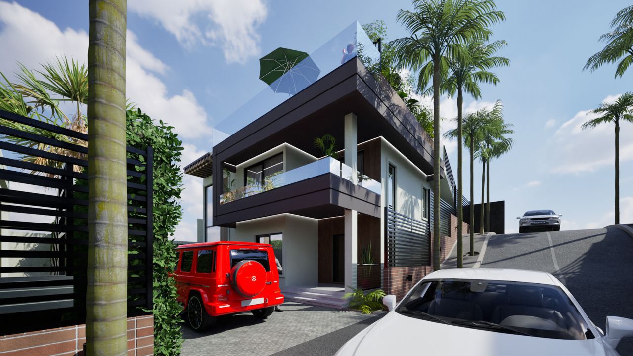 Front elevation showing balcony and rooftop terrace