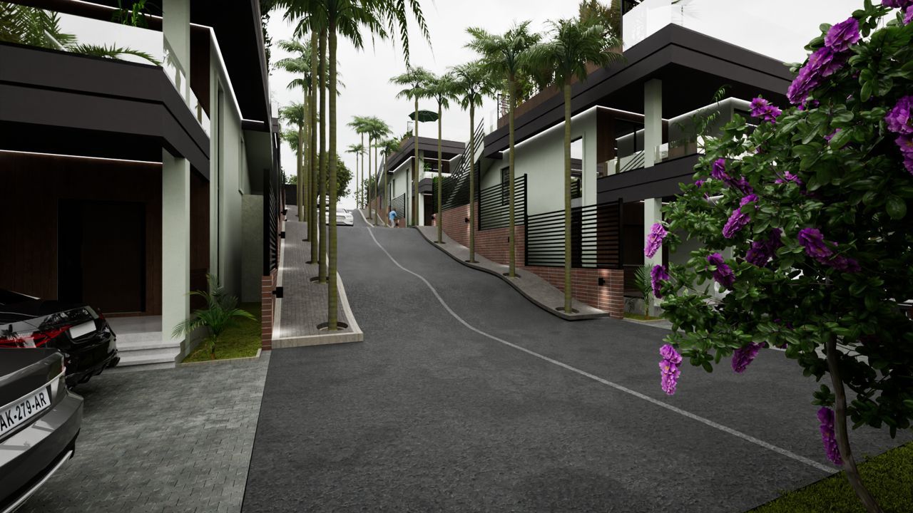 The internal ridge road at Konkonuru Ridge, lined with tropical planting