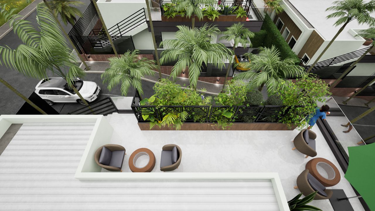 Rooftop terrace with lounge seating and hillside views