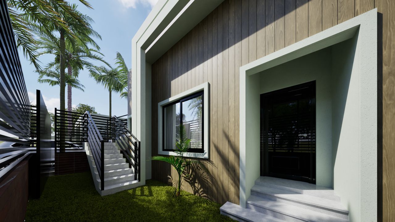 Side entry with stairs, wood cladding and tropical garden