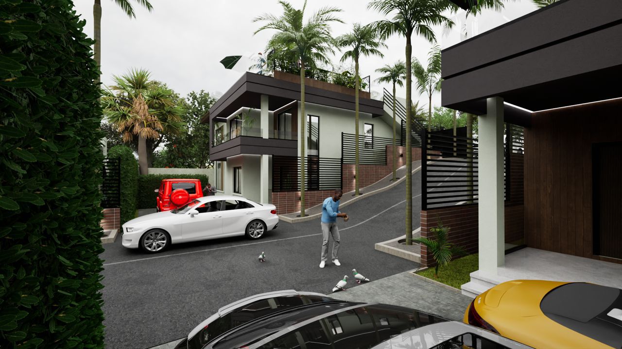 Street view along the development with landscaping and neighbouring units
