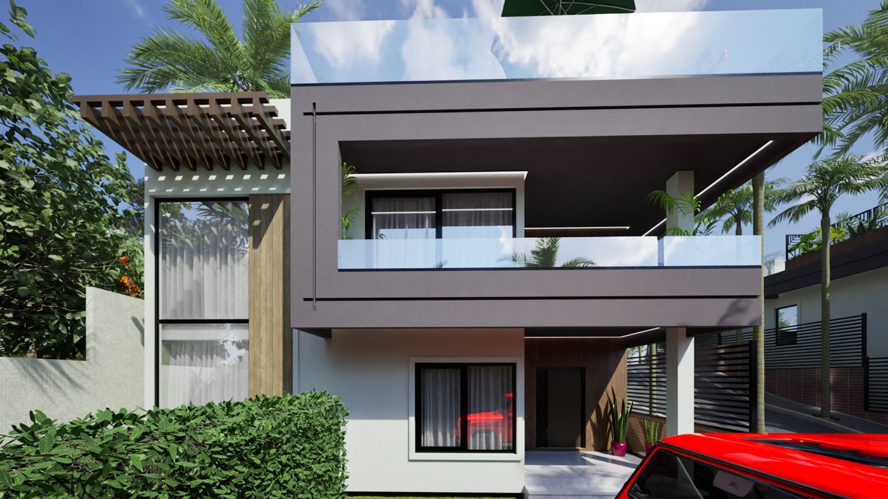 Front elevation of a Konkonuru Ridge unit showing balcony and wood accents