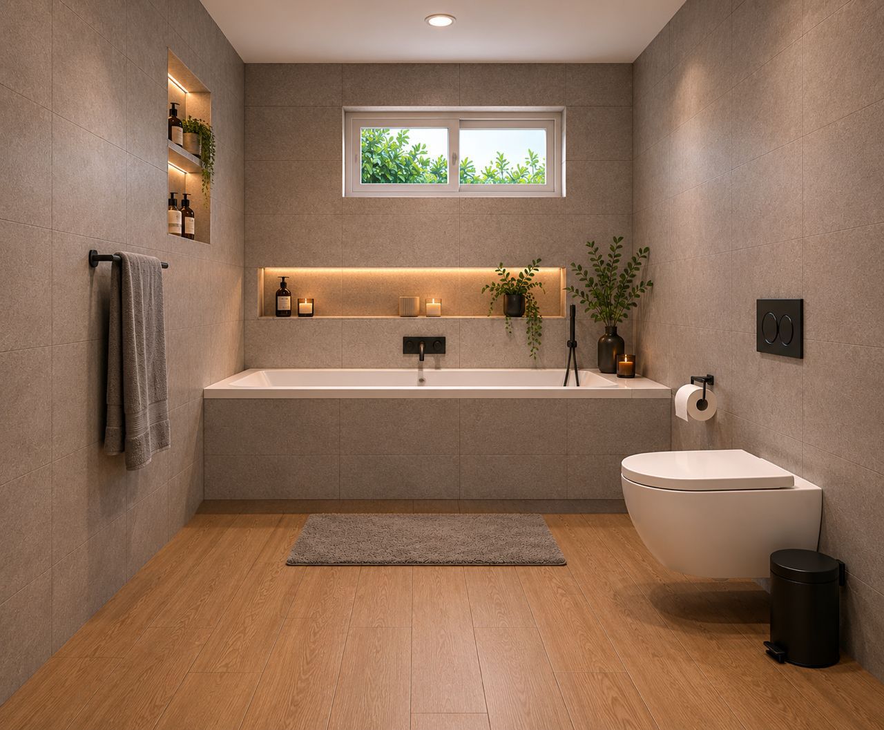 Ensuite bathroom with soaking tub and stone tiles