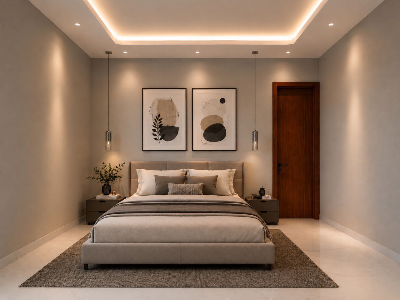 King bedroom with cove lighting and built-in wardrobes