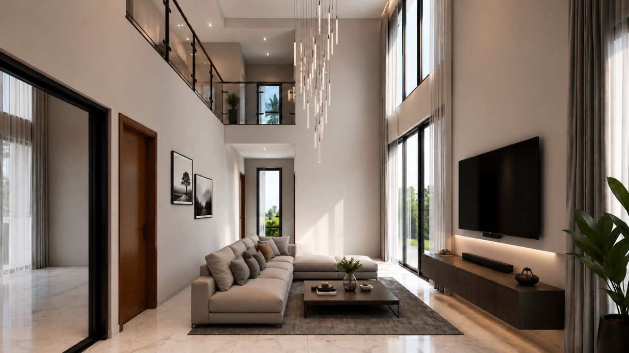 Double-height living space at Konkonuru Ridge with pendant chandelier and marble floors
