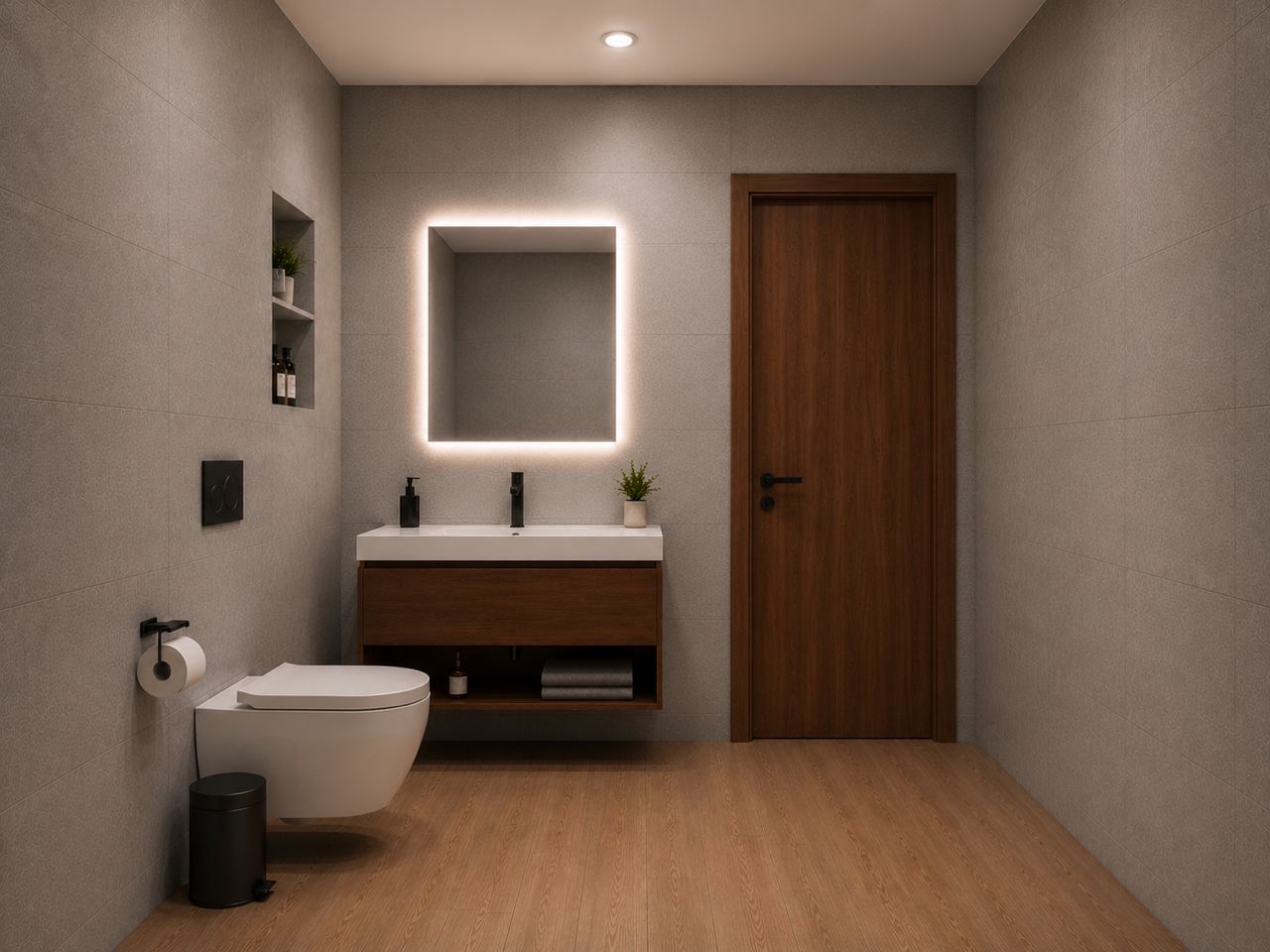 Ensuite bathroom with backlit mirror and floating wood vanity