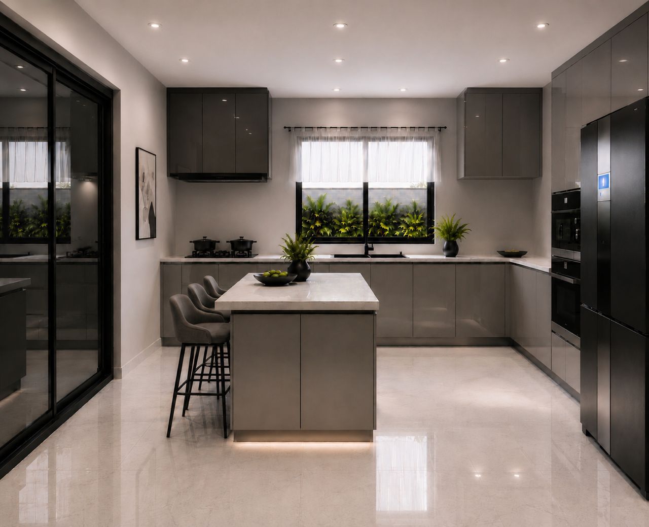 Kitchen with dark gloss cabinetry and marble island