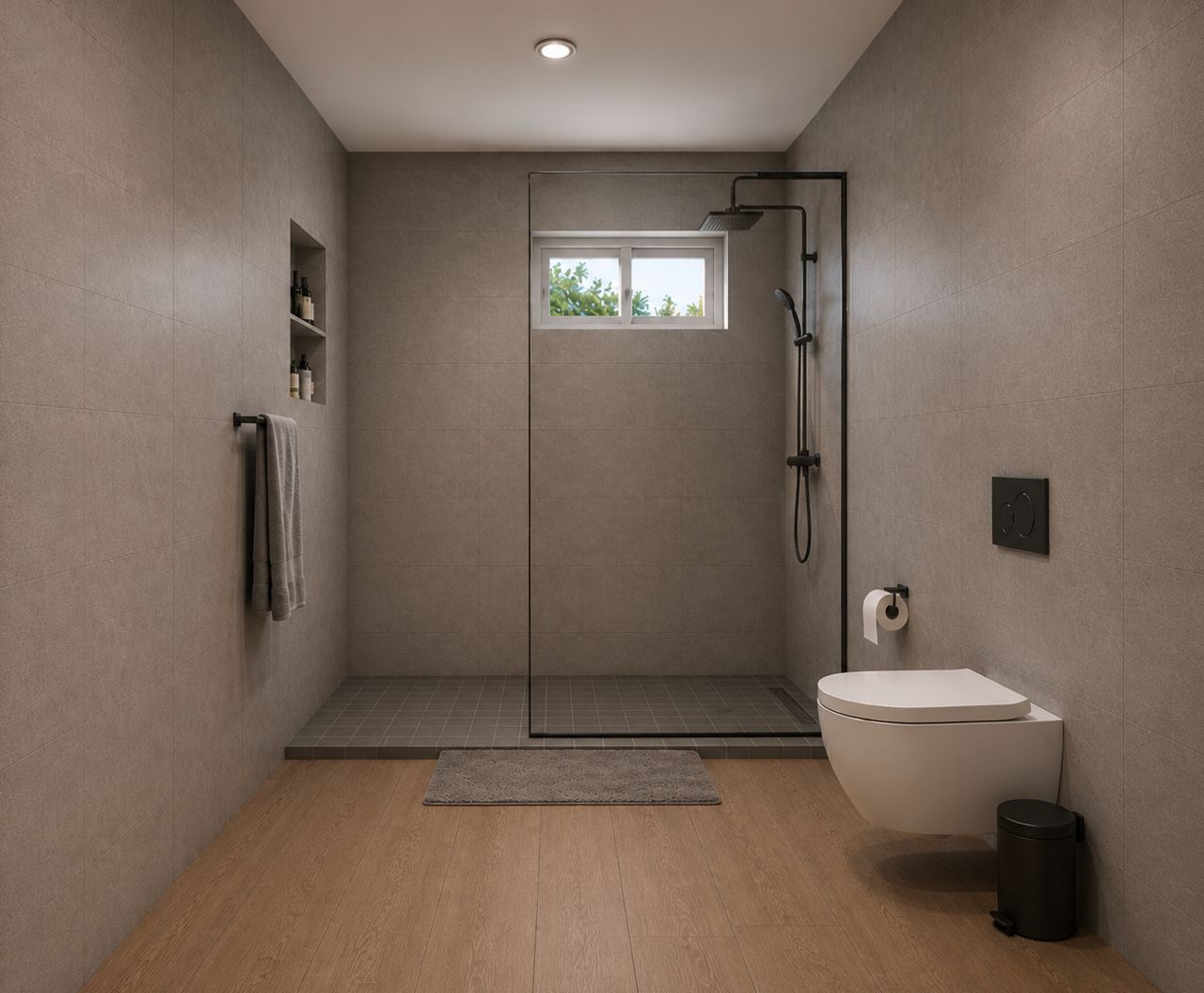 Walk-in rain shower with stone tile finish