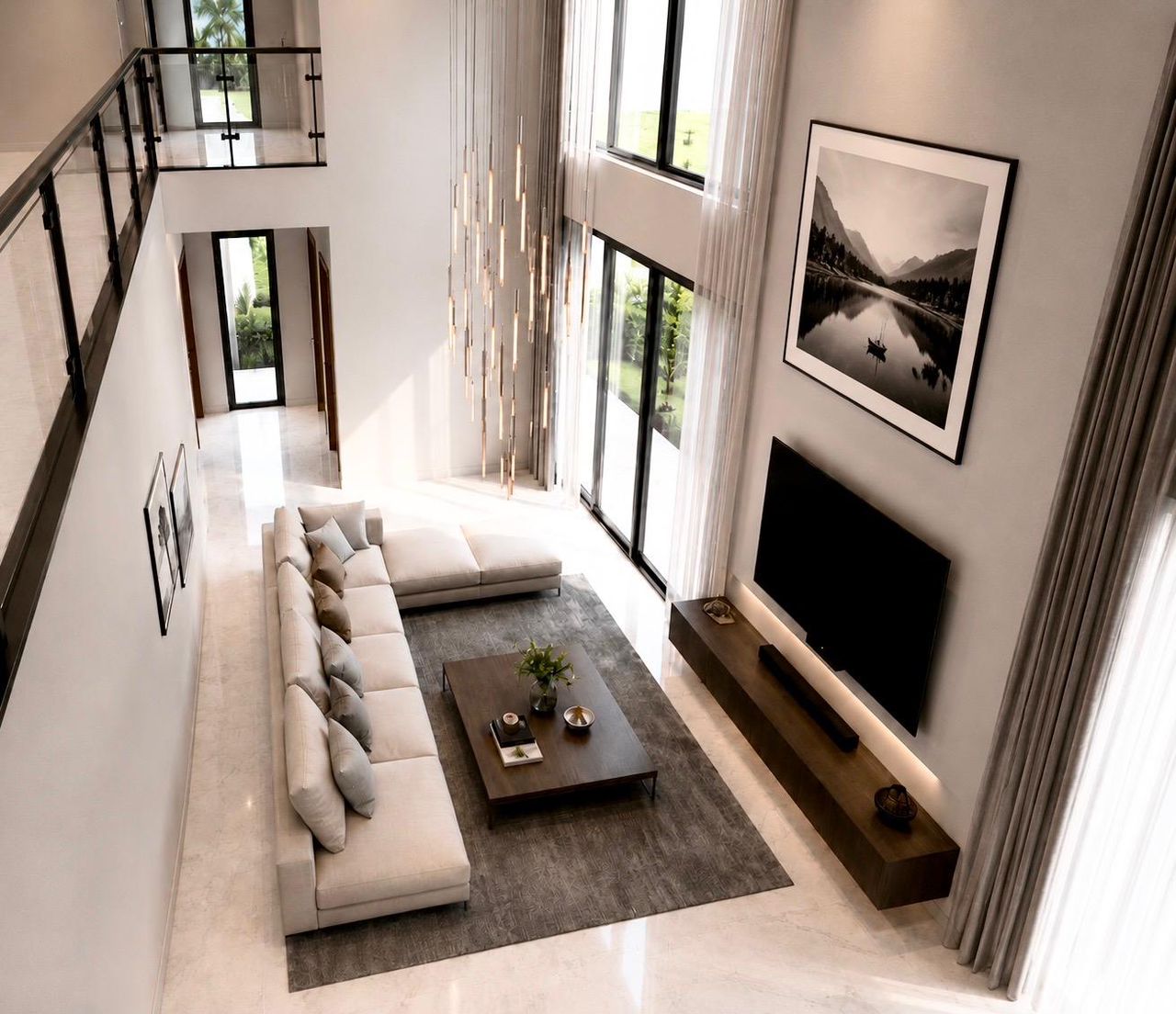 View from the first-floor void overlooking the double-height living space