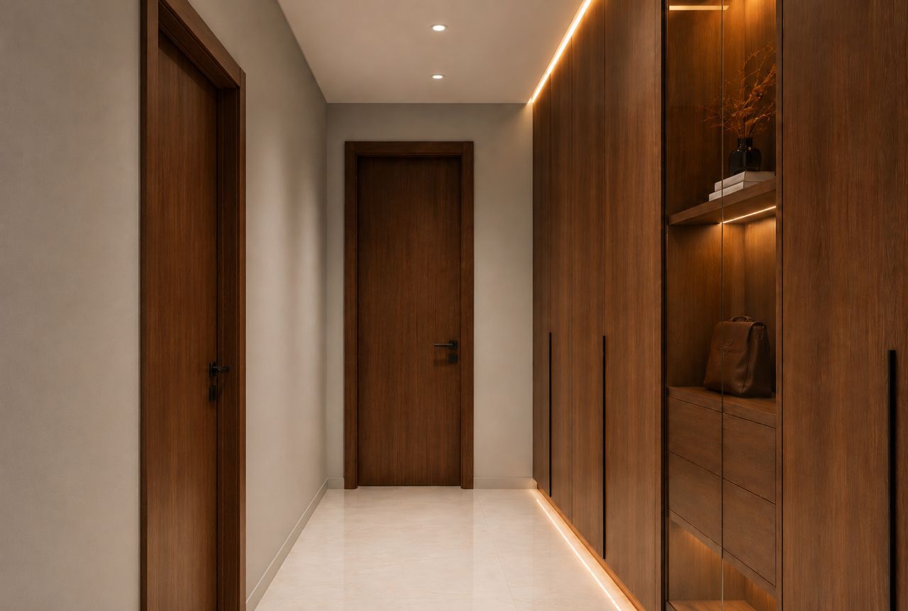 Built-in wardrobe with warm LED lighting